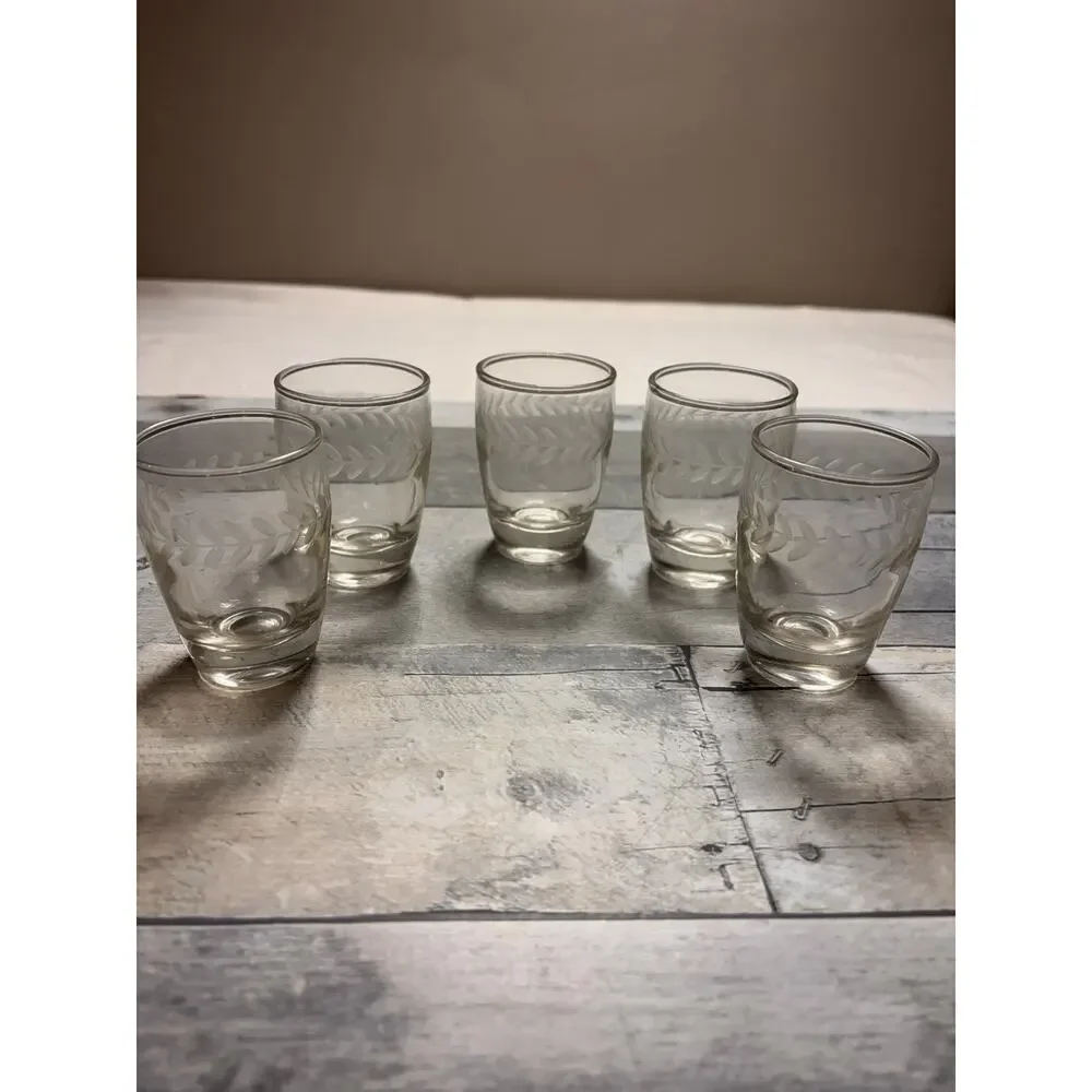Set of 5 VINTAGE 1960s ANCHOR HOCKING Shot Glasses Etched Laurel Leaf Pattern!